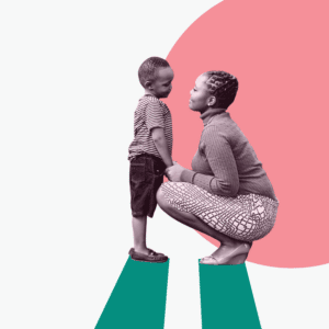 Minimalistic graphic image of a mother kneeling in front of her child and smiling.