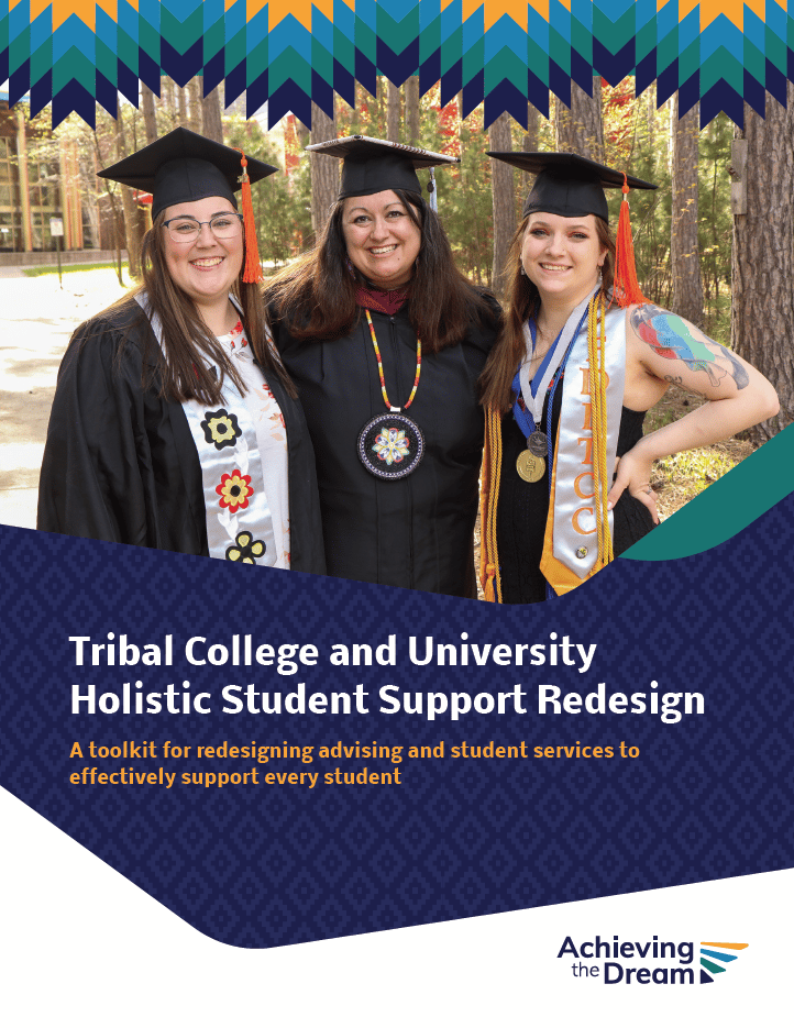 Cover of the Tribal College and University Holistic Student Support Redesign toolkit, featuring a picrure of three women in graduation attire