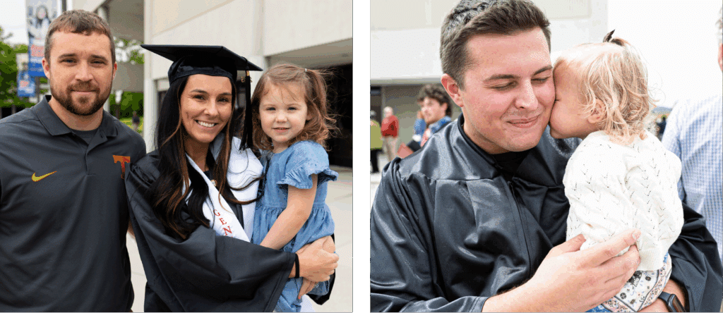 Two photos of graduating students holding their young children