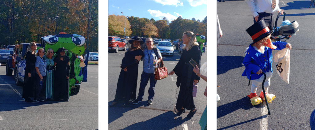 Three photos show adults and children attending a Halloween "trunk or treat" event.